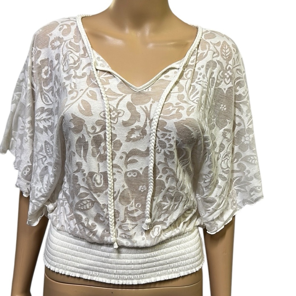 Express Semi Sheer Short Flutter Sleeve Elastic Waist Lightweight Top Womens XS - Picture 1 of 10